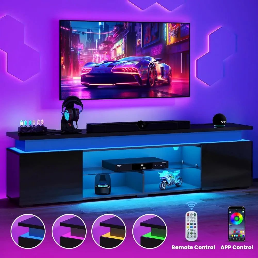 TV-Stand for 85 Inch TV - Led TV Stand with Power Outlet, High Glossy Modern Entertainment Center with Glass Shelf, Gaming