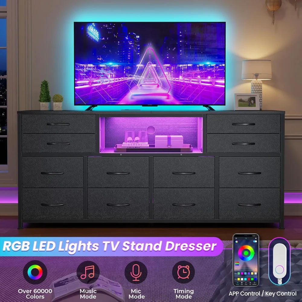 LED TV Stand Dresser for Bedroom with Power Outlets, 55 inch Entertainment Center with 12 Drawers, Media Console Table