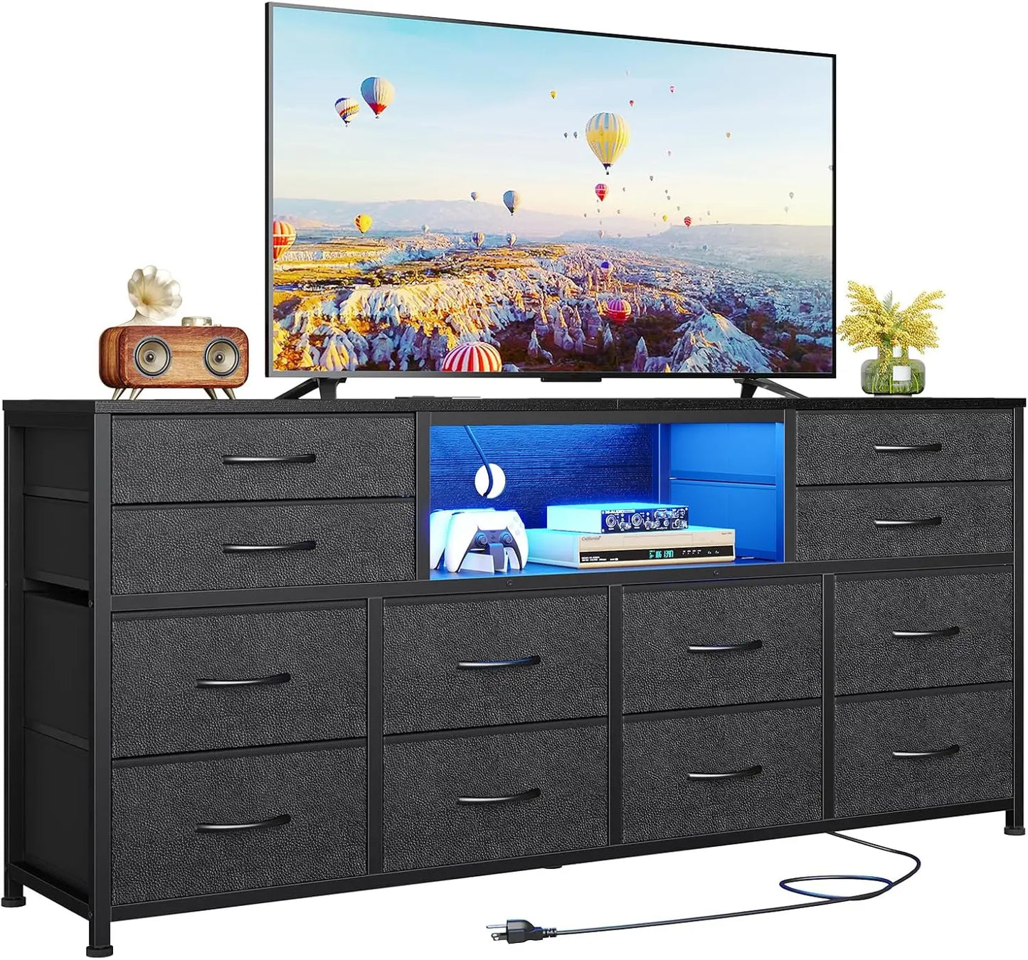 LED TV Stand Dresser for Bedroom with Power Outlets, 55 inch Entertainment Center with 12 Drawers, Media Console Table