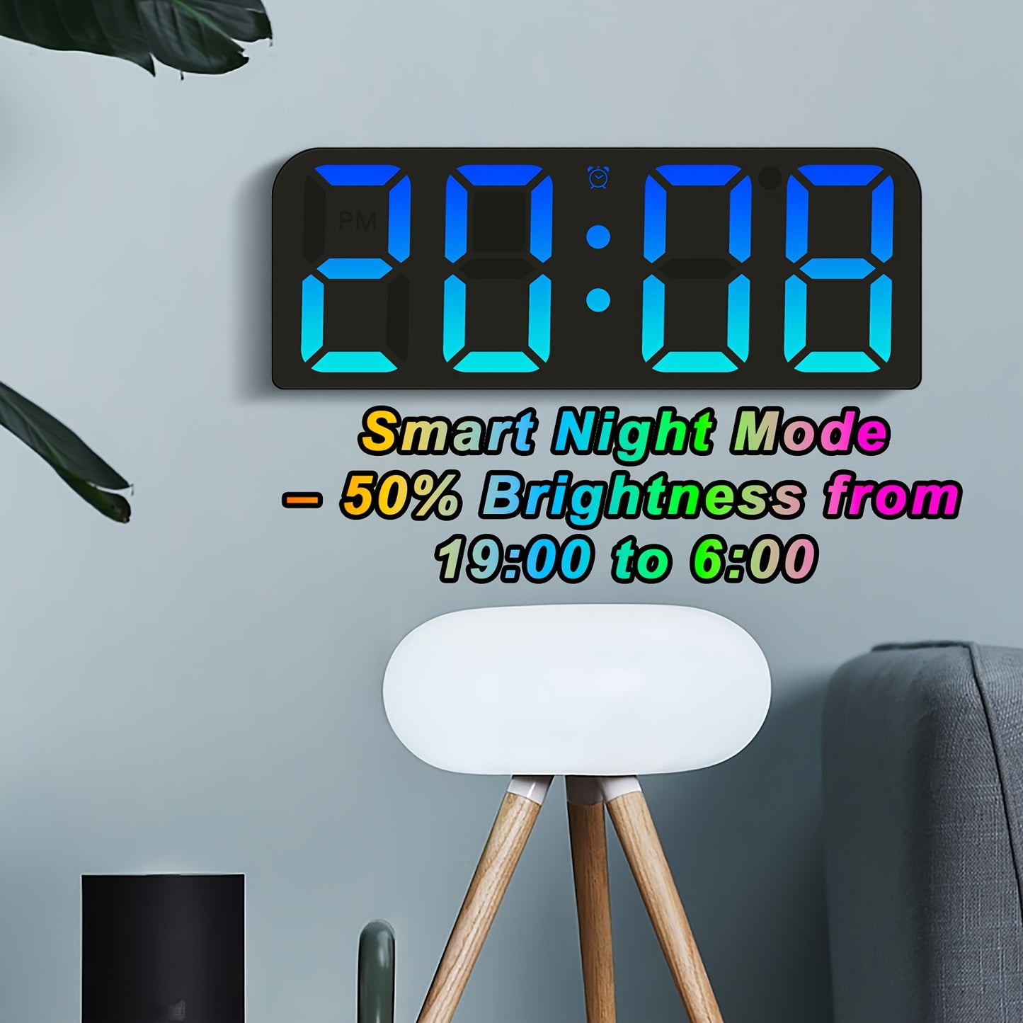 Large LED Digital Wall Clock with Voice Control - RGB Color Changing Display, Auto Dimming & DST, Adjustable Brightness & Dimmer, USB-Powered Modern Clock with 3 Alarms, Snooze Function, USB Charging Station, Date/Day/Temp fo