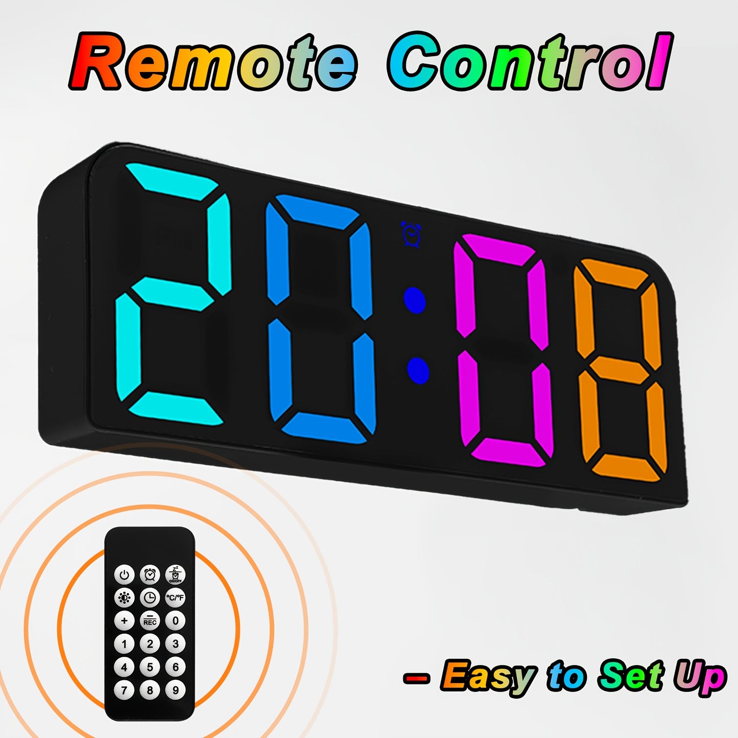 Large LED Digital Wall Clock with Voice Control - RGB Color Changing Display, Auto Dimming & DST, Adjustable Brightness & Dimmer, USB-Powered Modern Clock with 3 Alarms, Snooze Function, USB Charging Station, Date/Day/Temp fo