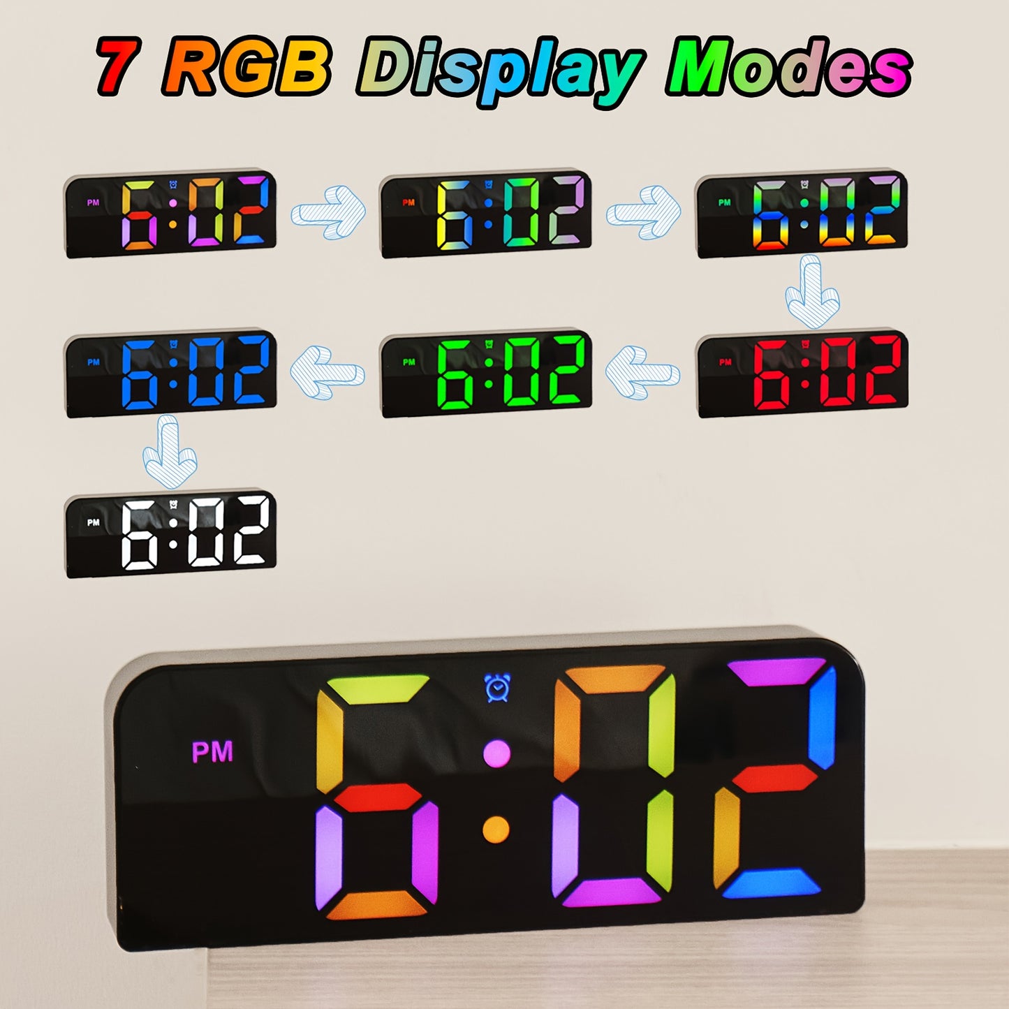 Large LED Digital Wall Clock with Voice Control - RGB Color Changing Display, Auto Dimming & DST, Adjustable Brightness & Dimmer, USB-Powered Modern Clock with 3 Alarms, Snooze Function, USB Charging Station, Date/Day/Temp fo