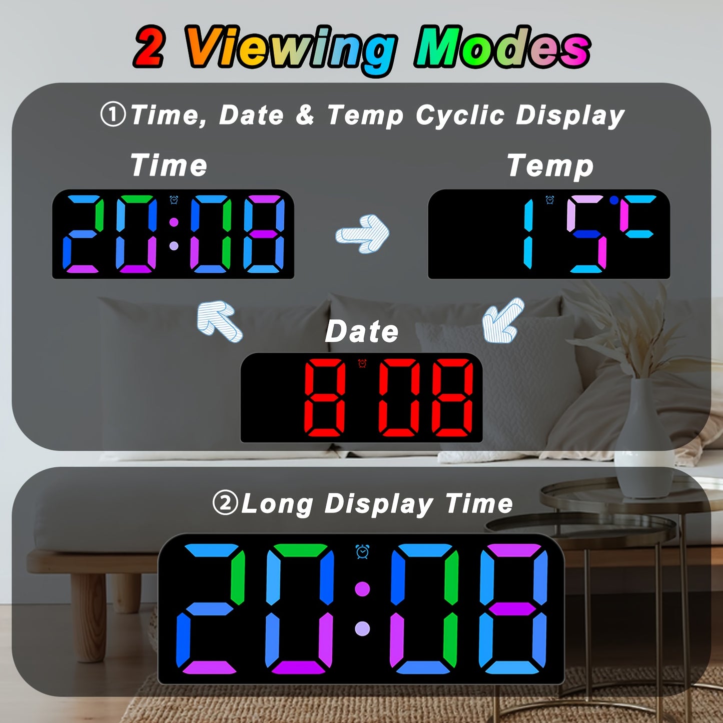 Large LED Digital Wall Clock with Voice Control - RGB Color Changing Display, Auto Dimming & DST, Adjustable Brightness & Dimmer, USB-Powered Modern Clock with 3 Alarms, Snooze Function, USB Charging Station, Date/Day/Temp fo