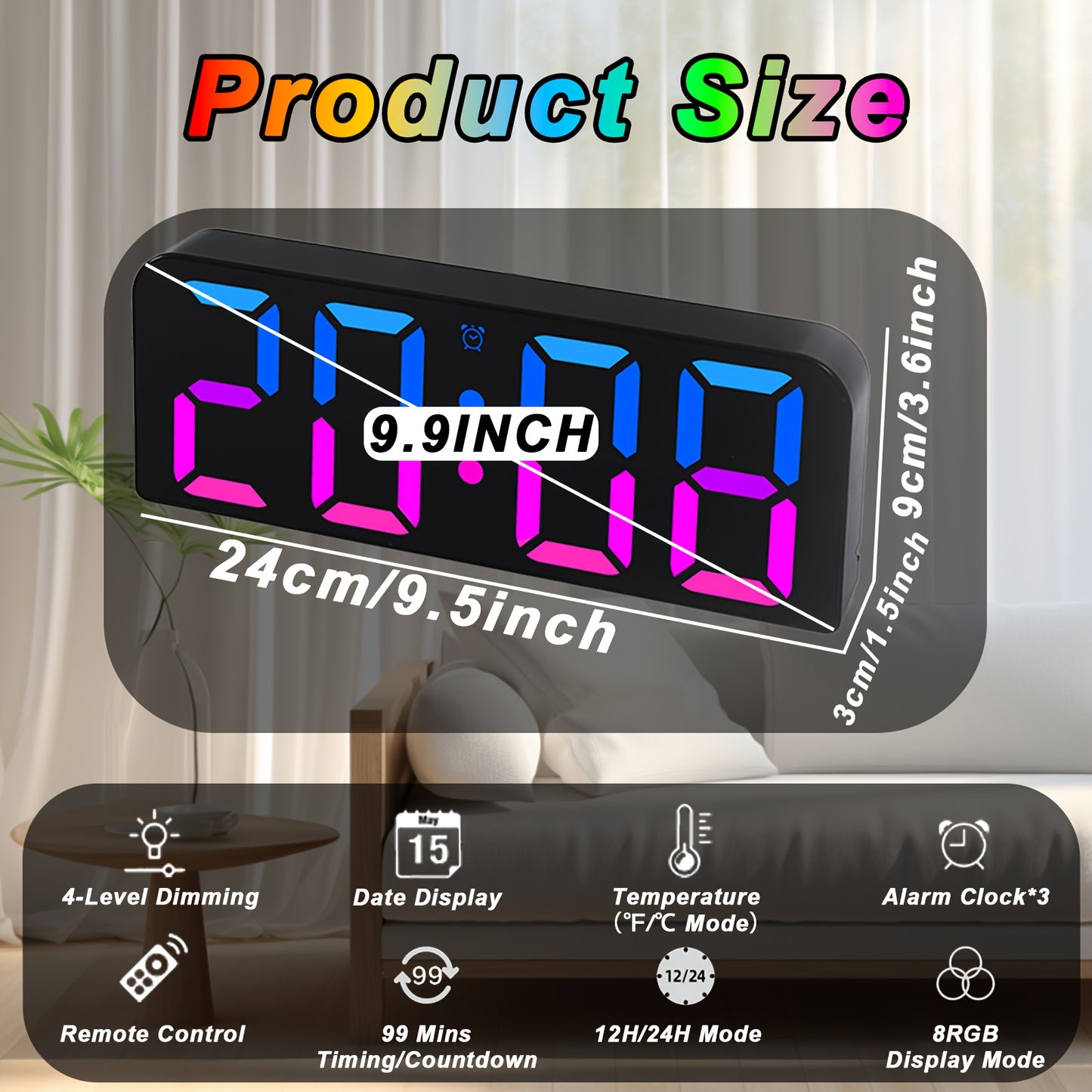 Large LED Digital Wall Clock with Voice Control - RGB Color Changing Display, Auto Dimming & DST, Adjustable Brightness & Dimmer, USB-Powered Modern Clock with 3 Alarms, Snooze Function, USB Charging Station, Date/Day/Temp fo