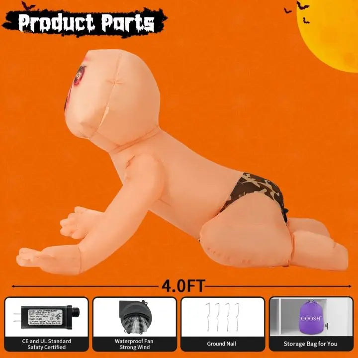 Goosh Inflatables 4FT Creepy Crawling Baby Halloween Inflatable with Vampire Face