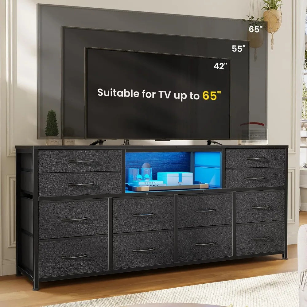 LED TV Stand Dresser for Bedroom with Power Outlets, 55 inch Entertainment Center with 12 Drawers, Media Console Table