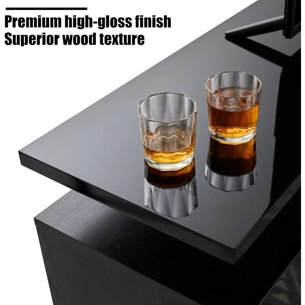 Obsidian Black-Fireplace TV Stand w/36" Fireplace,70" Modern High Gloss Fireplace Entertainment Center LED Lights-New upgrade
