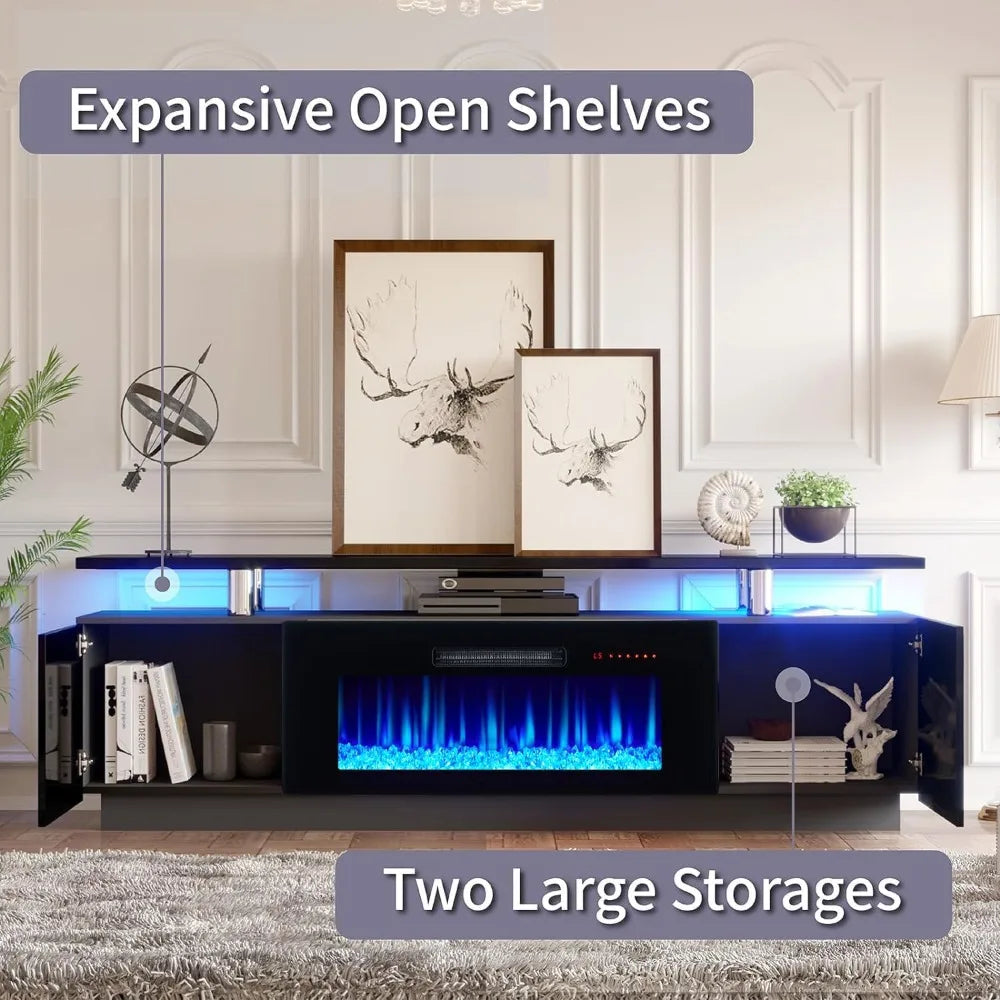 Obsidian Black-Fireplace TV Stand w/36" Fireplace,70" Modern High Gloss Fireplace Entertainment Center LED Lights-New upgrade