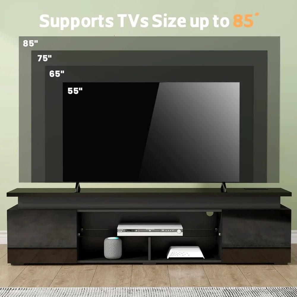 TV-Stand for 85 Inch TV - Led TV Stand with Power Outlet, High Glossy Modern Entertainment Center with Glass Shelf, Gaming