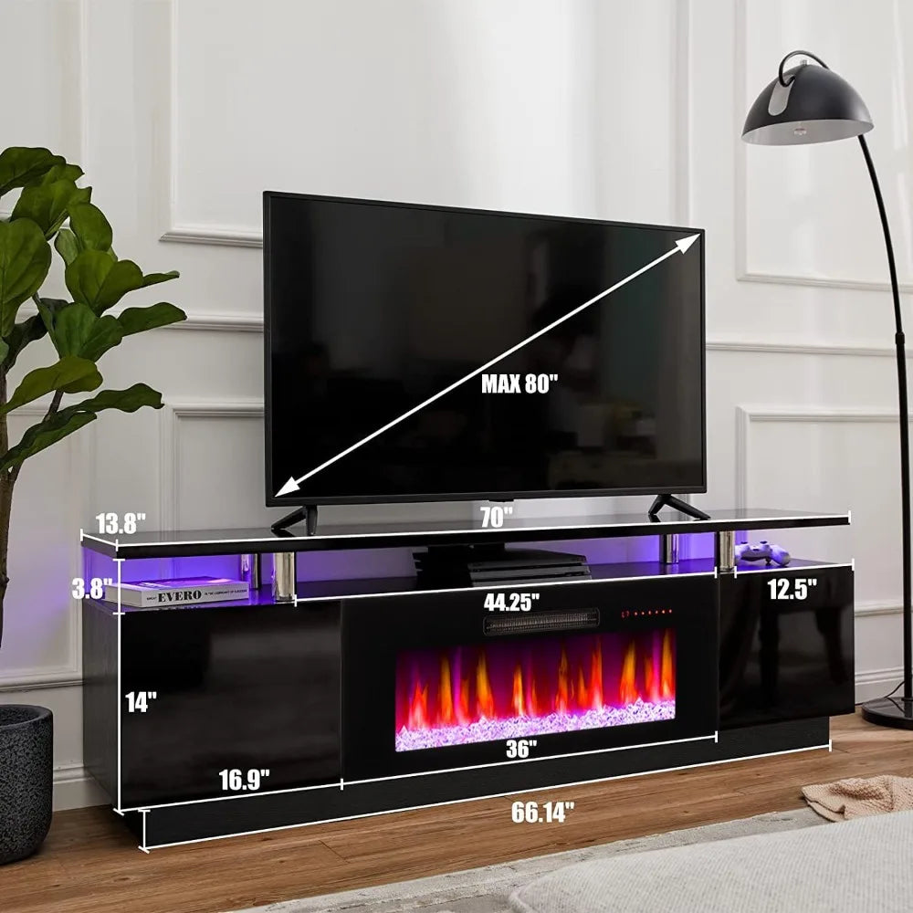 Obsidian Black-Fireplace TV Stand w/36" Fireplace,70" Modern High Gloss Fireplace Entertainment Center LED Lights-New upgrade