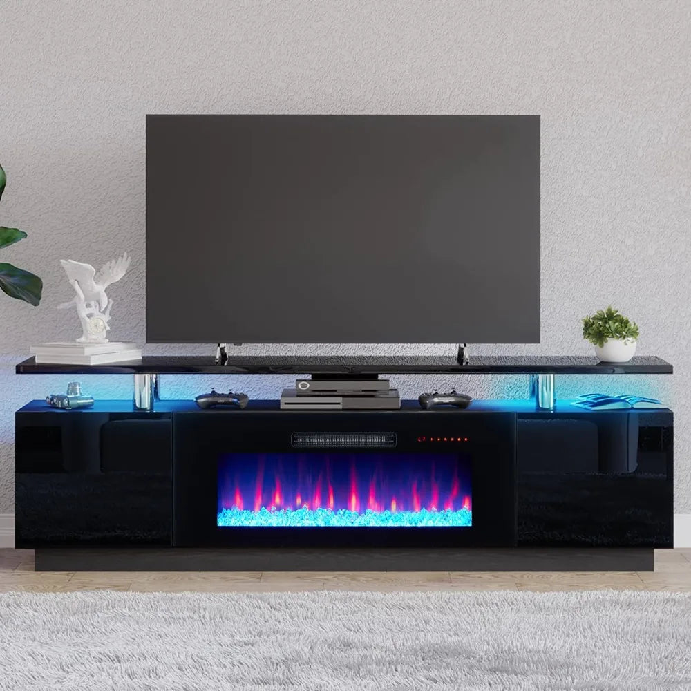 Obsidian Black-Fireplace TV Stand w/36" Fireplace,70" Modern High Gloss Fireplace Entertainment Center LED Lights-New upgrade