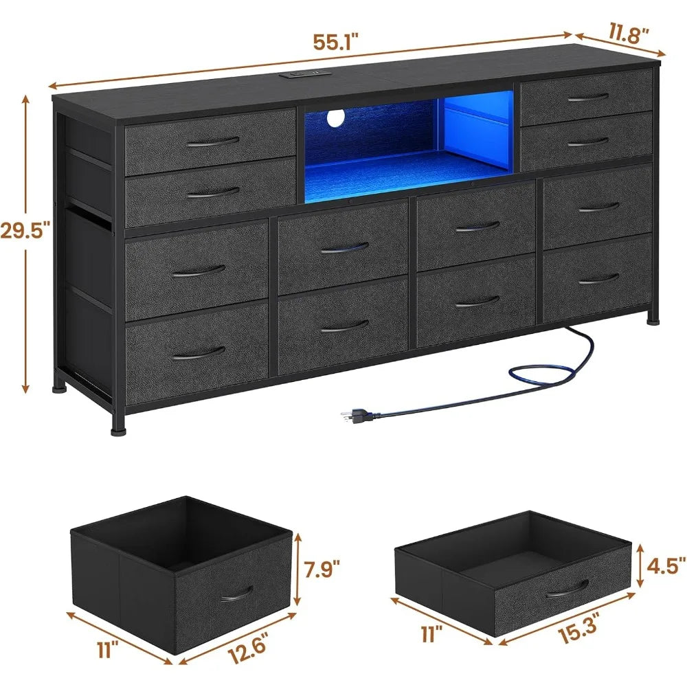LED TV Stand Dresser for Bedroom with Power Outlets, 55 inch Entertainment Center with 12 Drawers, Media Console Table