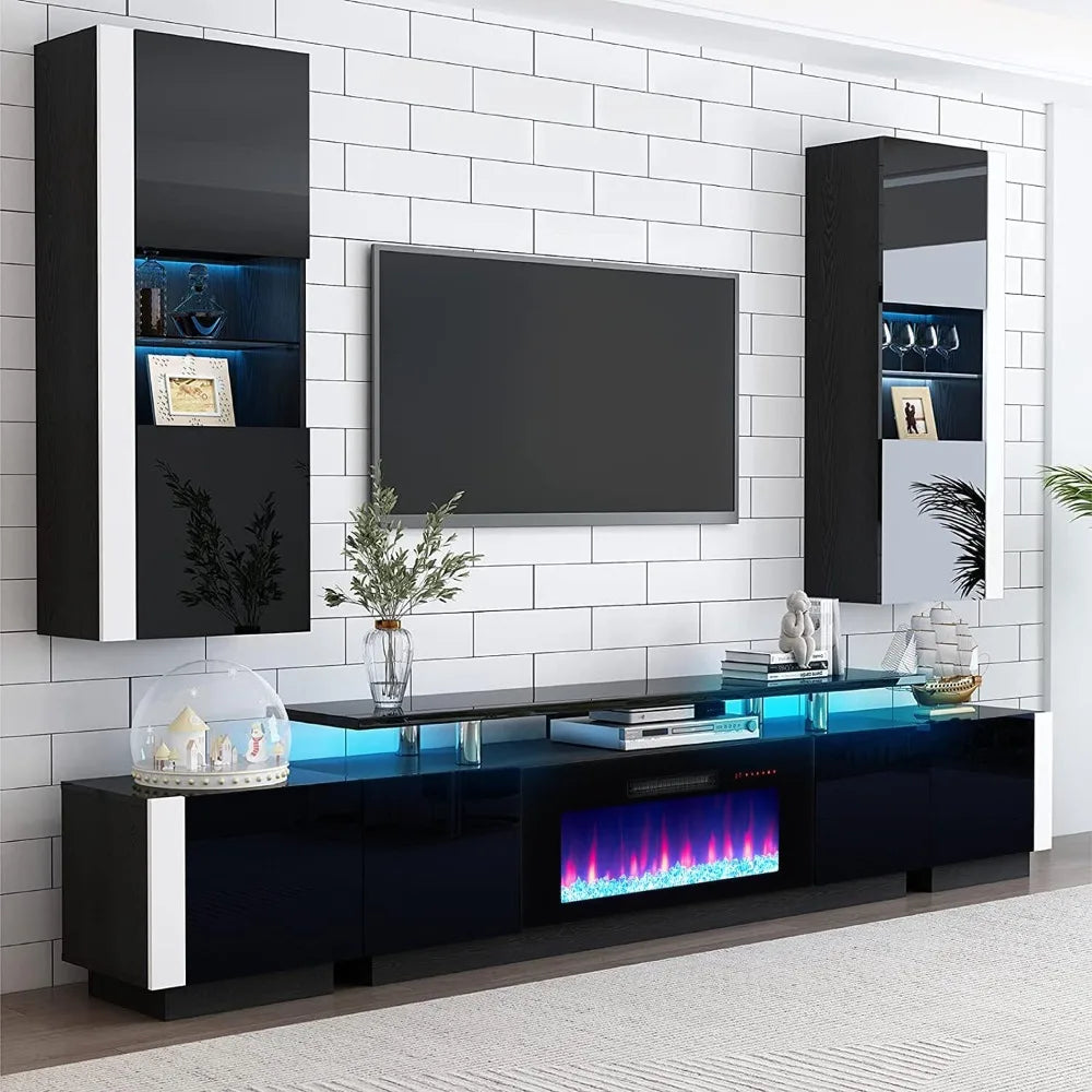 Obsidian Black-Fireplace TV Stand w/36" Fireplace,70" Modern High Gloss Fireplace Entertainment Center LED Lights-New upgrade