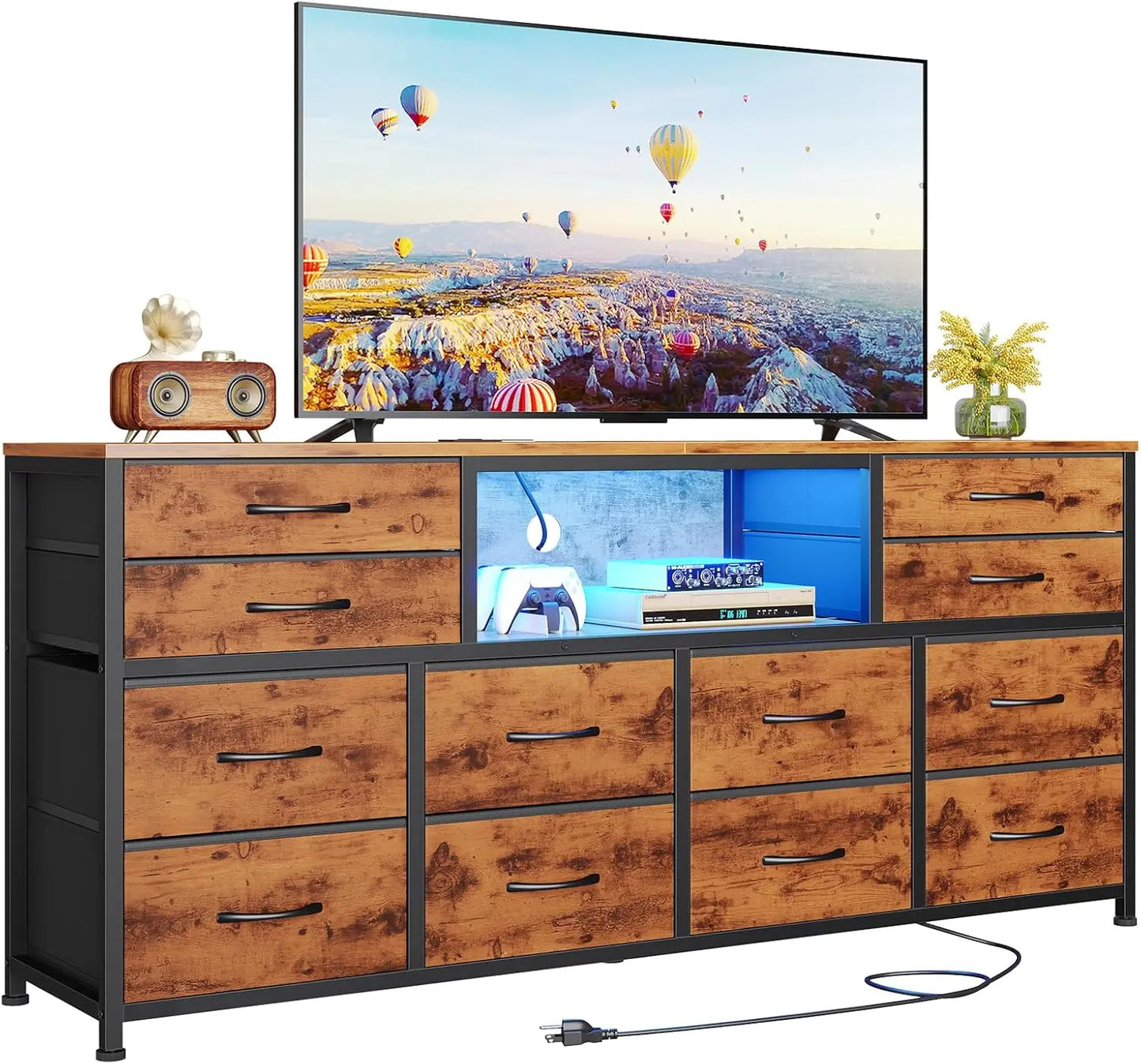 LED TV Stand Dresser for Bedroom with Power Outlets, 55 inch Entertainment Center with 12 Drawers, Media Console Table