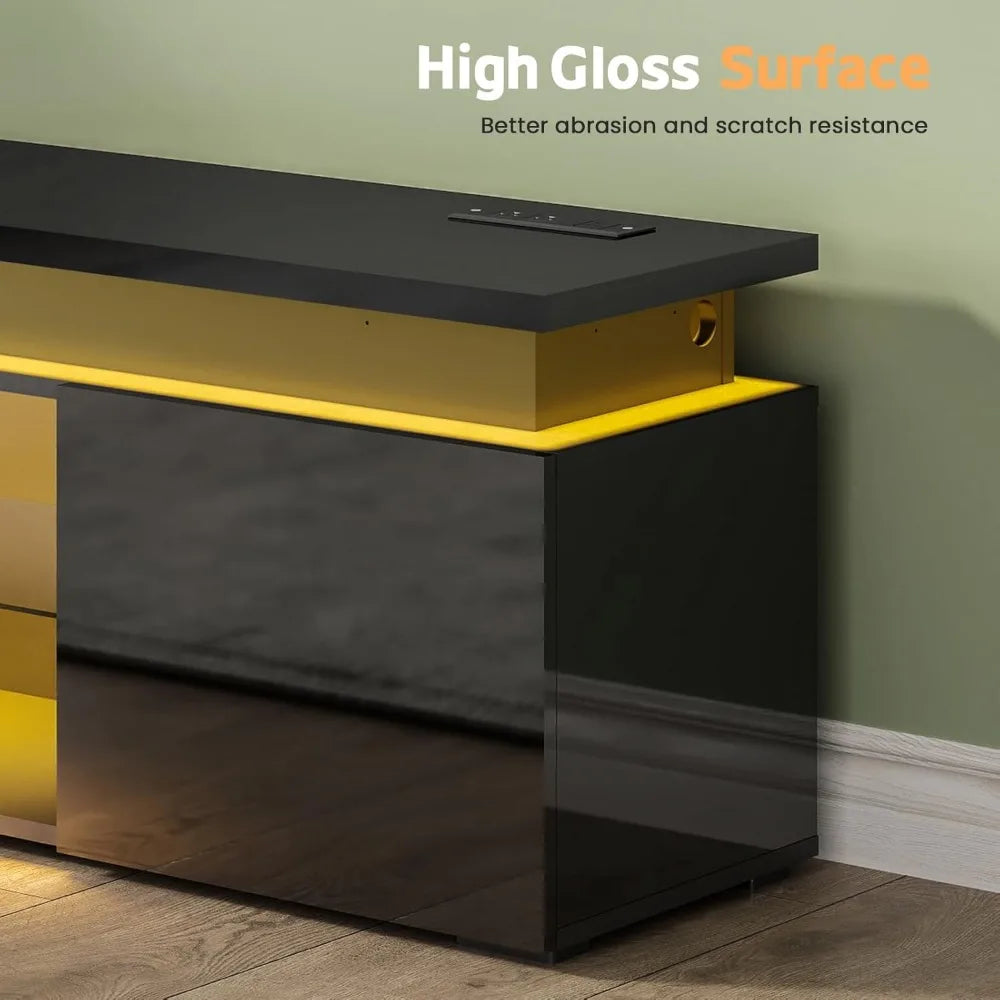 TV-Stand for 85 Inch TV - Led TV Stand with Power Outlet, High Glossy Modern Entertainment Center with Glass Shelf, Gaming
