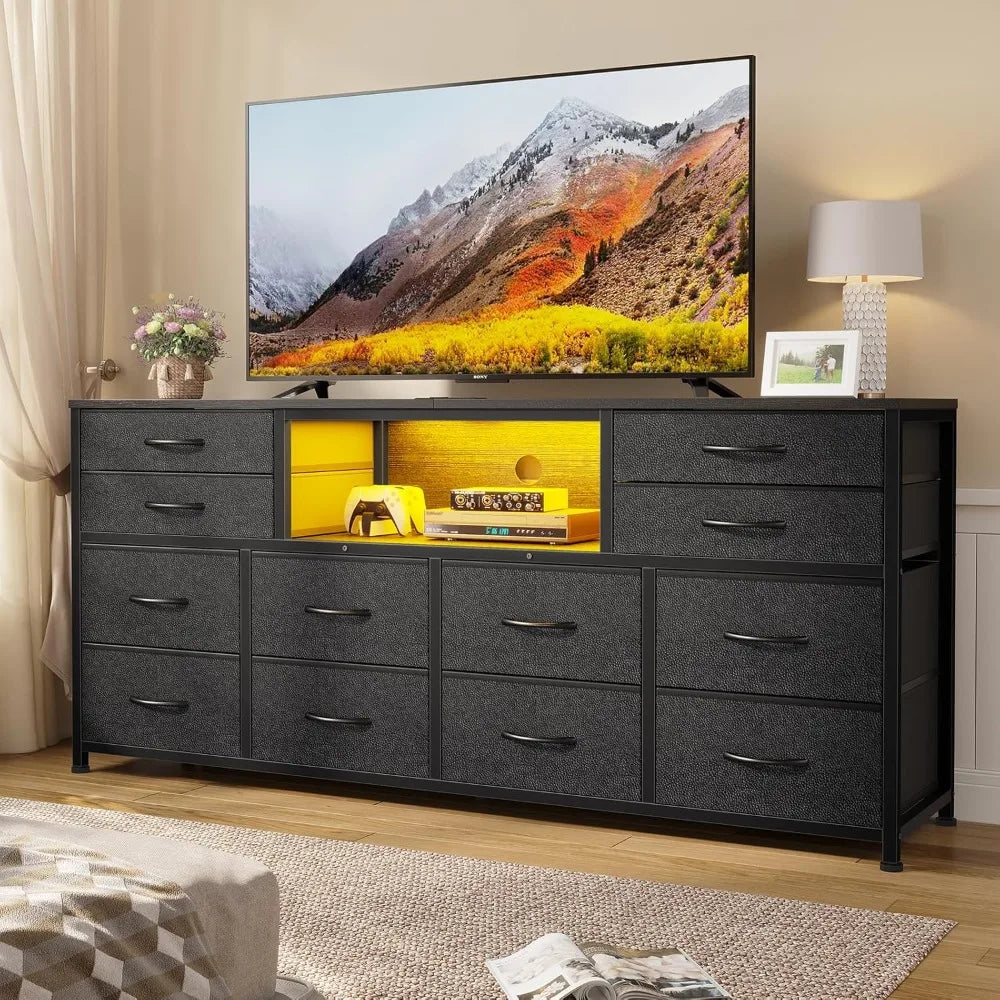 LED TV Stand Dresser for Bedroom with Power Outlets, 55 inch Entertainment Center with 12 Drawers, Media Console Table