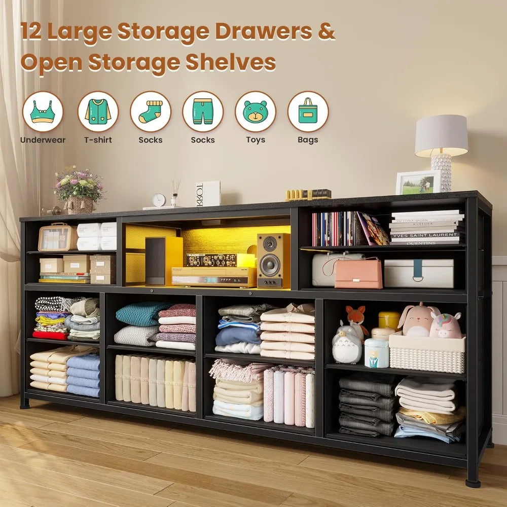 LED TV Stand Dresser for Bedroom with Power Outlets, 55 inch Entertainment Center with 12 Drawers, Media Console Table