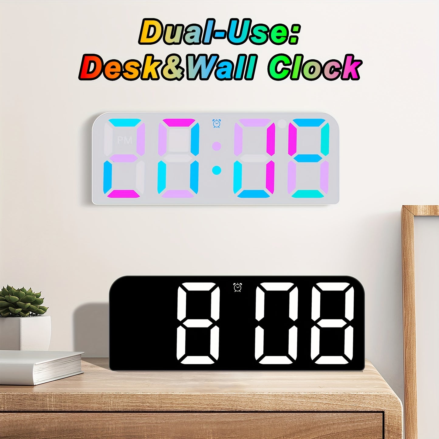 Large LED Digital Wall Clock with Voice Control - RGB Color Changing Display, Auto Dimming & DST, Adjustable Brightness & Dimmer, USB-Powered Modern Clock with 3 Alarms, Snooze Function, USB Charging Station, Date/Day/Temp fo